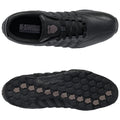 Black athletic shoes are displayed from a top view and a bottom view showcasing their sleek leather design and textured rubber sole highlighting the grip pattern on the bottom.