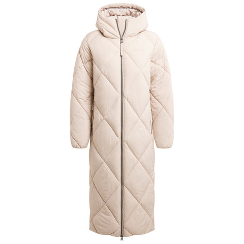 A beige padded long coat with a hood features a diamond quilted pattern and a front zipper. It stands against a plain background, emphasizing its design and color.