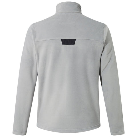 A gray fleece jacket with a high collar and long sleeves is displayed. The back features a black rectangular patch above the shoulder area, emphasizing a sleek design.