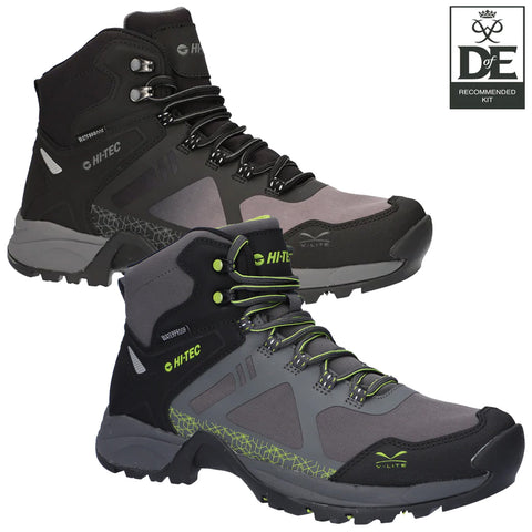 Two hiking boots are displayed side by side one in black and gray with green accents and the other primarily gray with black and green details both featuring laces and waterproof labels in a product showcase setting.