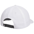 A white baseball cap is positioned with its back facing the viewer showing an adjustable strap and ventilation holes surrounded by a neutral background.