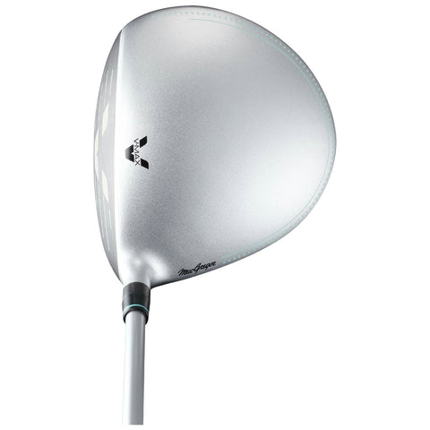 A golf driver head is shown angled upwards with a sleek silver finish and a distinctive logo on the face it appears ready for a swing on a golf course.