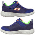 Sneakers in navy blue with a mesh upper feature a bright green lining and an orange logo. They have laces and a strap for a secure fit, designed for active use.