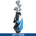 A golf bag designed for left-handed players stands upright, carrying several clubs including drivers and irons, set against a plain background. The bag features blue and gray colors.