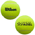 A bright yellow padel ball with text branding on two sides features the words Wilson and Premier Padel indicating its use in the sport of padel tennis.