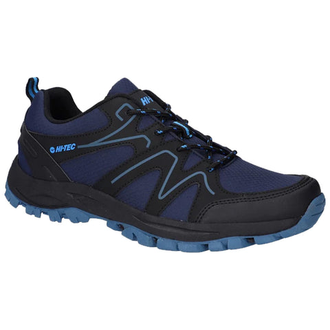 A dark blue athletic shoe features a mesh upper and a rugged sole designed for grip the shoe is placed against a plain white background.