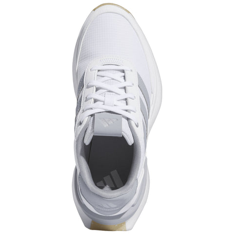 A white athletic shoe with gray accents sits upright displaying a textured upper and a cushioned sole designed for comfort in a casual sports setting.