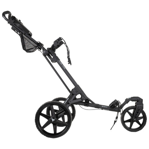 A black golf cart with four wheels stands upright displaying its lightweight frame and mesh storage basket designed for carrying golf equipment on the course.