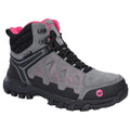 A gray hiking boot features a high-top design with pink accents and black laces. It is designed for outdoor activities, showcasing a rugged sole and waterproof capability.