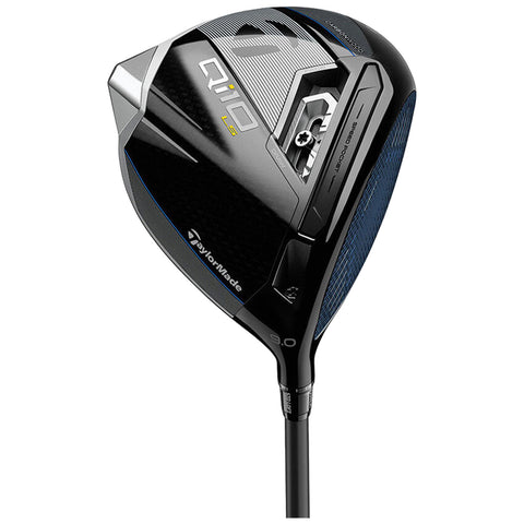 A black and blue golf driver with a sleek design showcases the TaylorMade brand. It features a large head and a slender shaft, ideal for driving golf balls with power.