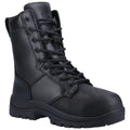 A black tactical boot features a sleek design with metal eyelets and sturdy laces providing ankle support suitable for rugged environments showcasing durability and functionality.