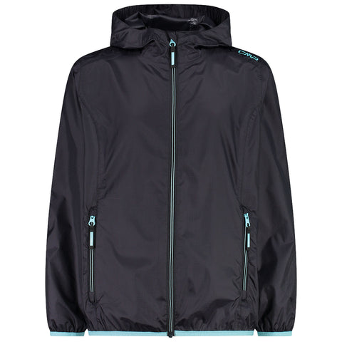 A black windbreaker jacket hangs upright showing a full front zipper and a hood with contrasting light blue accents and zipper pulls in a neutral background.