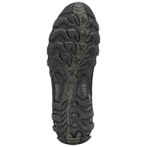 A black athletic shoe's textured outsole is displayed prominently showcasing deep lugs and grooves designed for traction on rough terrain emphasizing functionality for outdoor activities.