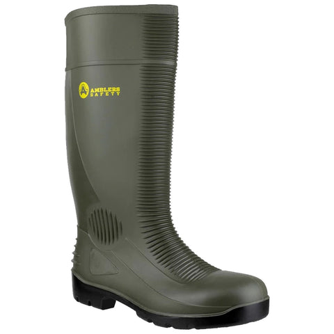 Green rubber safety boot stands upright showcasing a textured surface and a flat sole designed for traction suggesting use in wet or muddy environments