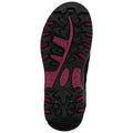 A black and maroon shoe sole shows a textured surface designed for traction with various treads and grooves indicating suitability for outdoor activities on uneven terrain.