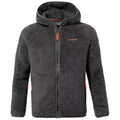 A dark gray fleece jacket with a hood is displayed front-facing featuring a zipper and two side pockets accented with orange details in a plain background setting.