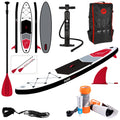 A paddleboard kit features a large paddleboard with a red and black design a pump a backpack paddles wheel leash and repair kit set up against a neutral background