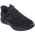 A black athletic shoe features a sleek design with a mesh upper and elastic laces ensuring comfort and support perfect for casual wear or light exercise in various environments.