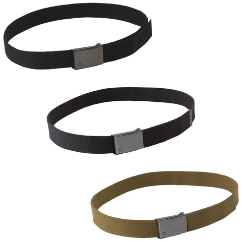 Three fabric belts are displayed flat. The top two are black with metallic buckles while the bottom one is khaki with a similar buckle. They are on a neutral background.