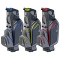 Three golf bags are upright in a row featuring a dark gray exterior with bright colored zippers in blue green and red. Each bag has multiple zippered compartments for organization.