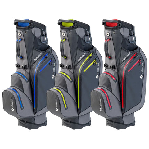 Three golf bags are upright in a row featuring a dark gray exterior with bright colored zippers in blue green and red. Each bag has multiple zippered compartments for organization.