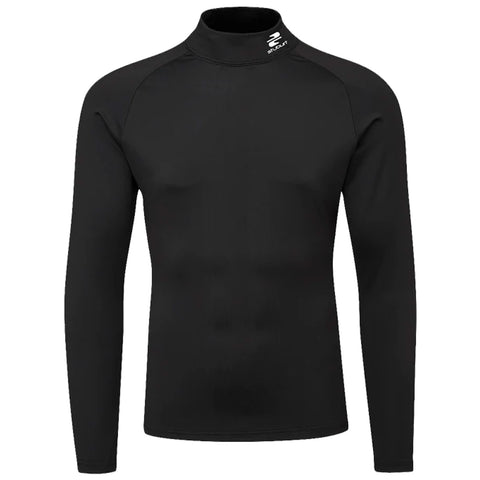 A long-sleeved black shirt is displayed front-facing with a high neckline and a logo at the collar indicating athletic or activewear context.