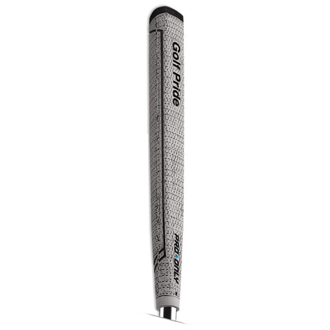 A golf putter grip lies vertically against a plain background displaying a textured gray surface with black branding and a small blue accent emphasizing its grip design and brand name.