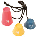 Three colorful plastic cones in red yellow and blue are connected by a black string ready for use in an activity or game designed for coordination or skill development.