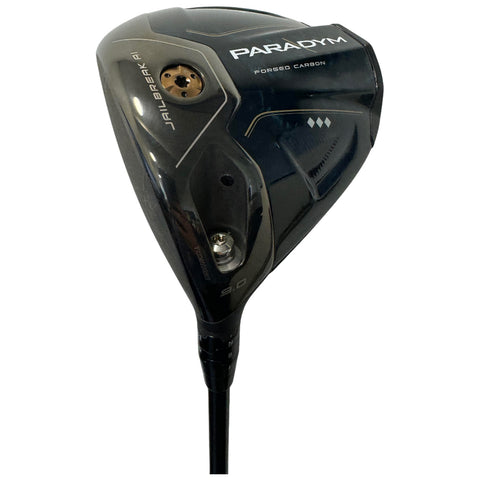 A black golf driver with the label Paradym features a modern design and adjustable settings for optimal performance on the golf course, showcasing sleek lines and a distinct look.