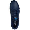 A navy blue golf shoe is displayed with laces tied, featuring a sleek design and branding on the tongue and side, set against a plain white background.