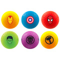 Six colorful golf balls are displayed featuring comic book character designs including Iron Man Captain America Spider-Man Hulk Black Panther and Thor against a plain background.