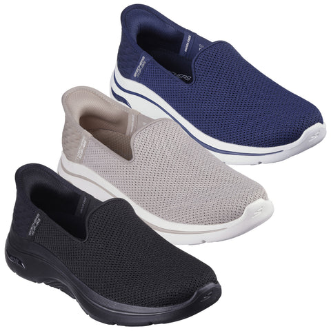 Three pairs of slip-on shoes are displayed in navy blue, beige, and black. They feature a mesh upper for breathability, set against a plain background suggesting a casual footwear context.