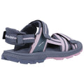 A gray and pink sports sandal with adjustable straps features a textured sole and a slightly raised heel designed for outdoor use and activities.