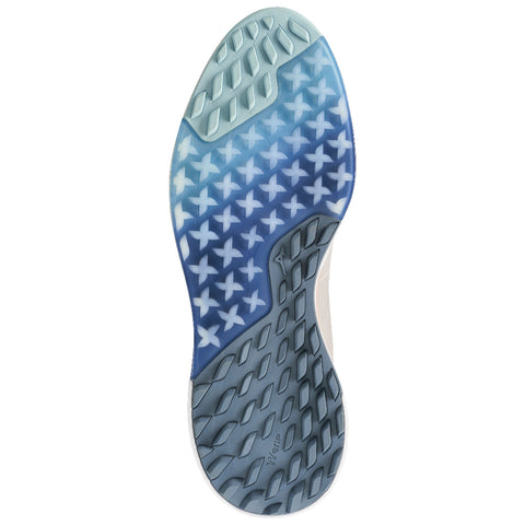 A shoe sole is displayed with a textured pattern and gradient colors transitioning from light blue to dark blue with treads designed for grip and performance in athletic contexts.