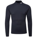 A long-sleeve black rash guard is presented upright showcasing its fitted design and high neckline suitable for water sports or physical activities in various environments.