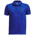 A blue polo shirt hangs on display with a collar and short sleeves featuring a small logo. The shirt is designed for casual or athletic wear in a neutral setting.