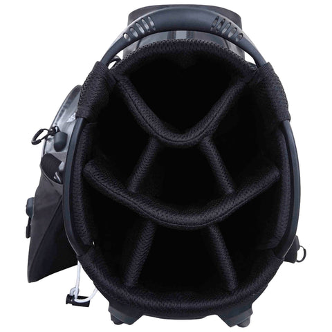 A cylindrical black bag with multiple padded compartments is positioned upright It appears designed to securely hold and organize equipment or gear within a structured interior layout