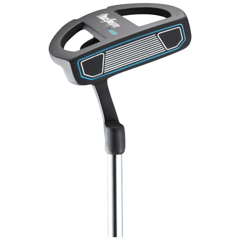 A golf putter with a sleek black head and silver shaft rests upright showcasing its angled face and alignment lines in a neutral setting likely intended for indoor or outdoor use.