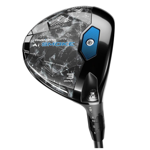 A golf club head is shown featuring a sleek black and blue design with textured patterns a number 3 and markings for loft adjustment in a modern aesthetic.