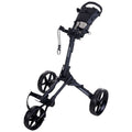 A black golf push cart stands upright with three wheels positioned for stability while displaying a handlebar and storage compartment designed for carrying golf equipment on a course.