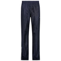 Navy blue waterproof pants are displayed standing upright these pants have an elastic waistband pockets and elastic cuffs at the ankles designed for outdoor activities in wet conditions