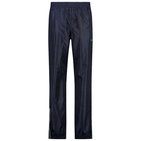 Navy blue waterproof pants are displayed standing upright these pants have an elastic waistband pockets and elastic cuffs at the ankles designed for outdoor activities in wet conditions