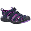 A blue and purple sandal lies on a flat surface featuring straps for a secure fit and a rubber sole for traction designed for outdoor activities and water use.