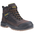 A sturdy brown hiking boot features a waterproof exterior and black mesh panels while laces in yellow and brown secure the boot, suitable for outdoor activities.