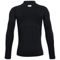 A black long-sleeve athletic shirt is displayed facing away with a high collar and a small logo at the back It is designed for activewear in sports environments.