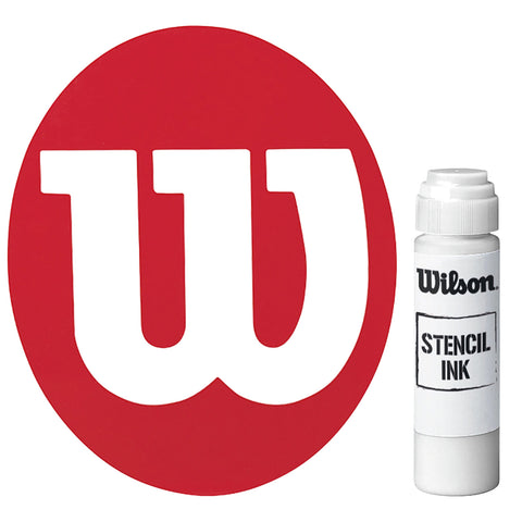 A white bottle of stencil ink labeled Wilson is positioned next to a red circular logo featuring a prominent white stylized letter W against a plain background.