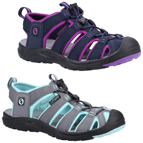 Two pairs of sporty sandals are displayed side by side showcasing a navy and purple pair on top and a gray and aqua pair below designed for outdoor activities with adjustable straps and rubber soles.