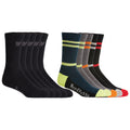 A collection of eight pairs of socks displayed in two groups includes solid black socks on the left and multi-colored striped socks on the right showcasing various patterns and colors.