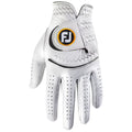 A white golf glove is displayed with an open palm facing upward featuring perforations for breathability and a circular logo near the wrist indicating sport-specific branding in a neutral background.