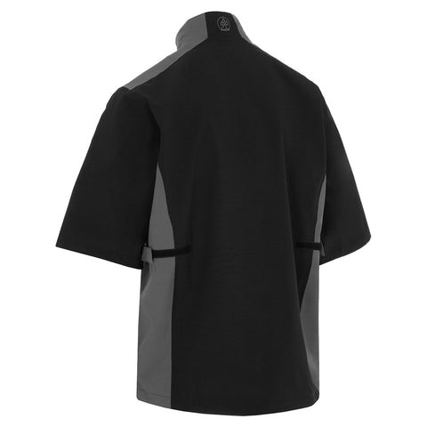 A short-sleeved black shirt with a zippered neck features grey accents on the shoulders and sides designed for comfort and possibly outdoor activity in various weather conditions.